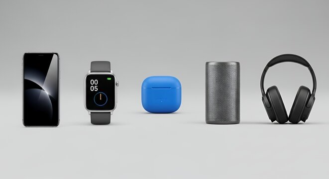 A collection of modern smart devices including a smartphone, smartwatch, wireless earbuds, smart speaker, and headphones, all neatly arranged on a clean white background.
