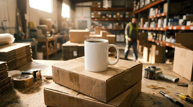 White coffee mug placed on cardboard boxes inside a busy warehouse