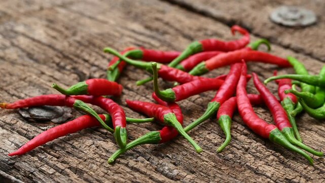 red fresh organic chilli pepper on wooden table background