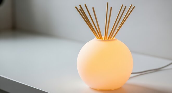 Aromatic diffuser with glowing light and reeds on a white surface.