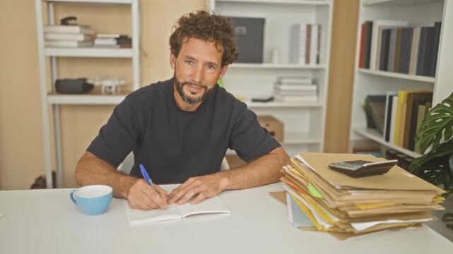 Man writing notes with pen and visible hands at desk in building with blue cup, stack of folders and calculator; focused concentration.
