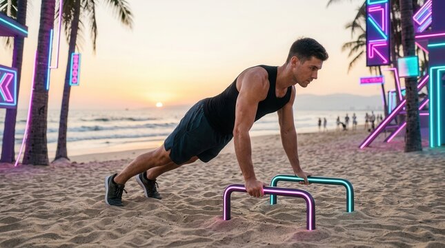 Athletic Man Performs Push-Ups On Neon Parallel Bars At Beach Sunset
