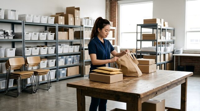 Asian woman packing cardboard boxes in a modern warehouse workplace
