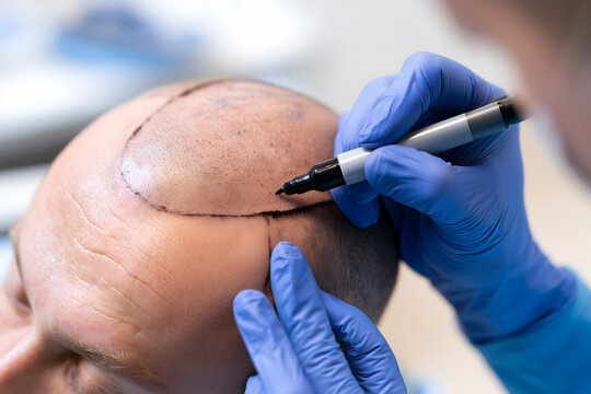 Surgeon Marking Hairline Pattern Before Hair Transplant Procedure, Close-Up Medical Photography