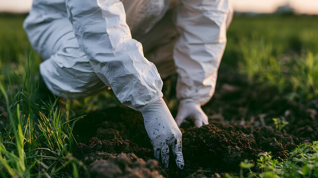 The agricultural scientist gathers soil samples from the field wearing protective gear. This study's photo highlights contemporary farming advancements and eco-friendly agricultural methods.