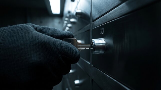 Gloved hand inserting key into safety deposit box inside bank vault