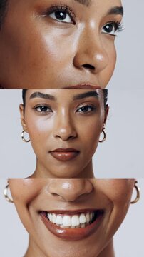 Beauty, montage and woman with face for skincare, glow and thinking about cosmetic secret in studio. Reflection, privacy or happy person with healthy skin, shine and dermatology on white background