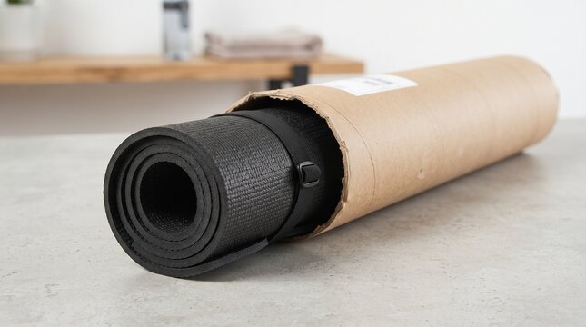 rolled black yoga mat with carrying strap sliding out from cardboard shipping tube container on table inside modern home studio for fitness and exercise equipment delivery