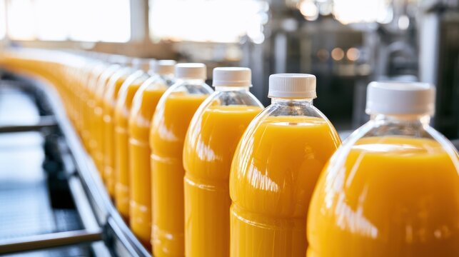 Bottles filled with orange juice are aligned in a production line inside a beverage factory with blurred machinery in the background.
