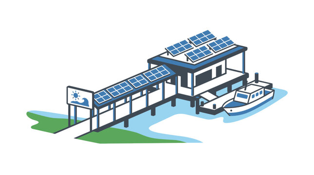 Solar Powered Floating Dock with Boat and Renewable Energy Panels