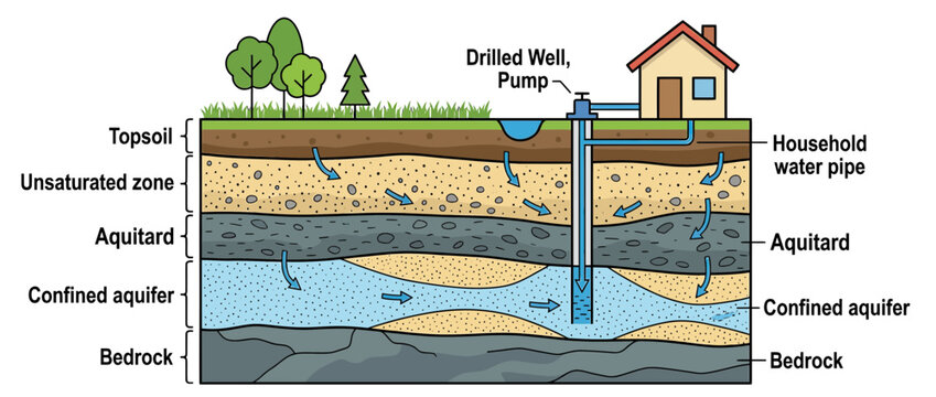 Groundwater Hydrogeology Diagram: Well and Aquifer Layers