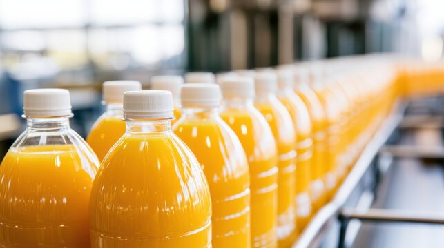 Bottles filled with orange juice are lined up on a production line in a factory setting.