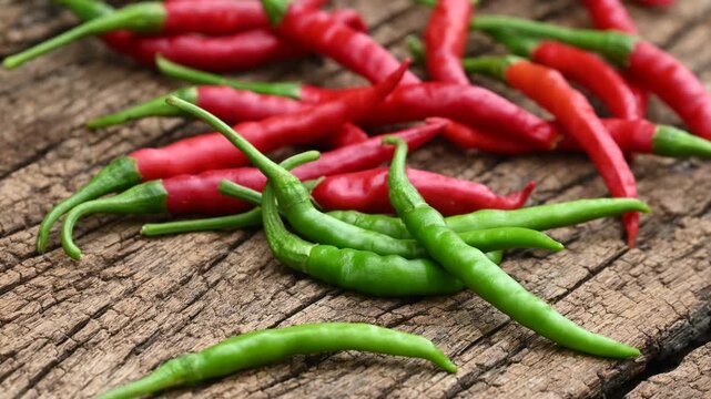 red fresh organic chilli pepper on wooden table background