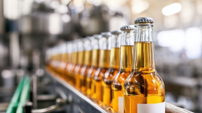 A production line of amber-colored bottled beverages, neatly arranged and ready for packaging in a bright, modern factory setting.