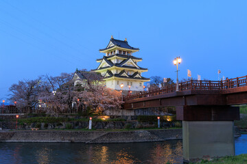 Fototapeta premium Sunomata Castle night cherry blossom festival wooden bridge and lantern lights Ogaki Gifu Japan