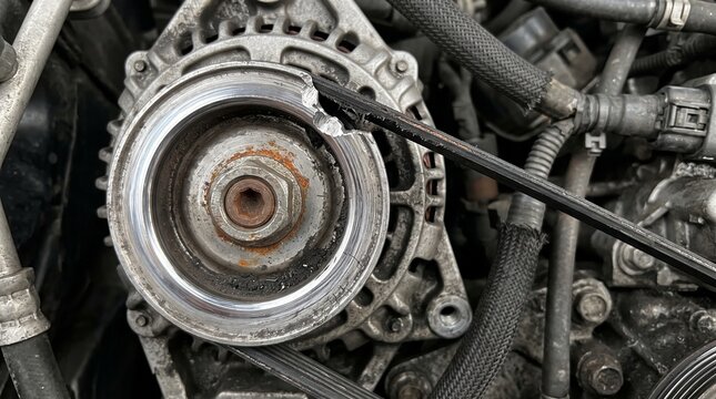 Broken alternator pulley in car engine bay. Cracked metal component on vehicle generator. Damaged serpentine belt system. Automotive mechanical failure
