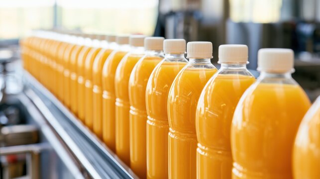 Bottles filled with orange juice lined up on a conveyor belt in a production facility.