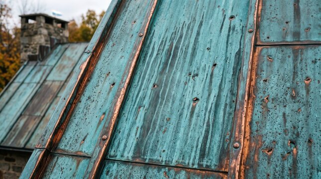 Oxidized copper roof plates with green patina.