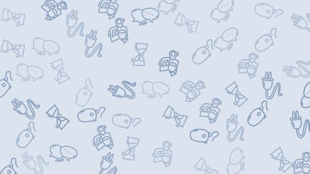 Repetitive icons of electrical plugs, speech bubbles, hourglasses, books, computer mice. Suitable for tech presentations, educational materials, infographics.