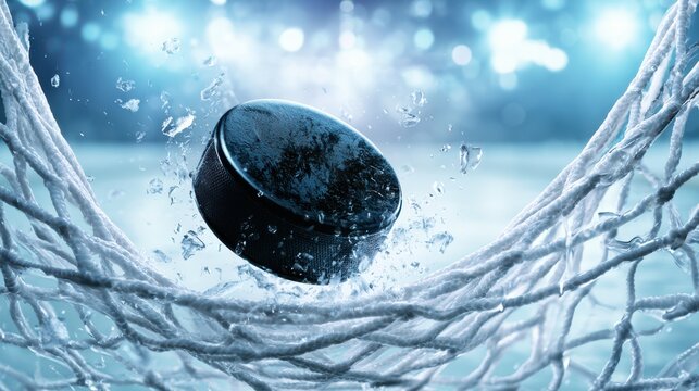 A hockey puck hits a net with ice shards flying, captured in a dynamic, high-energy moment under bright lights.
