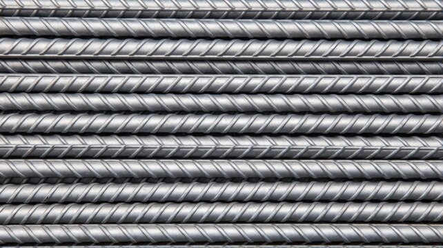 A close-up view of multiple parallel steel rebar rods, showing their textured and ribbed surfaces.