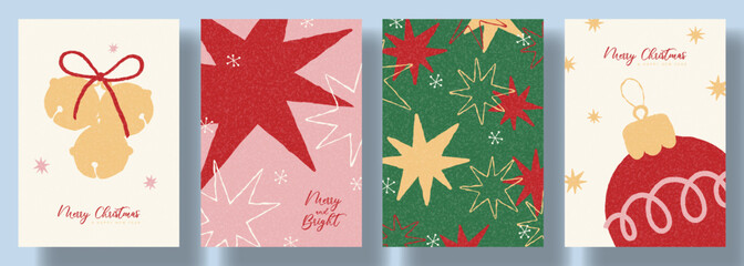 Naklejka premium Trendy Christmas and New Year card set. Hand-drawn style poster collection for design of covers, branding, holiday events, packaging. Vector illustration with stars, Christmas ball, bells on bow.