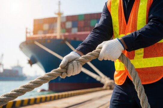 A port worker in a high-visibility vest pulls a thick mooring rope on a busy shipping dock.
