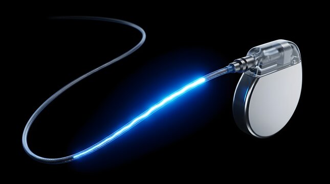 Electronic heart pacemaker with glowing lead isolated on black background