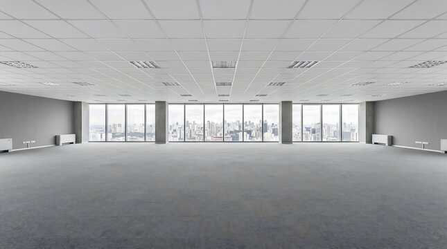 Modern empty office interior with large windows and city skyline view