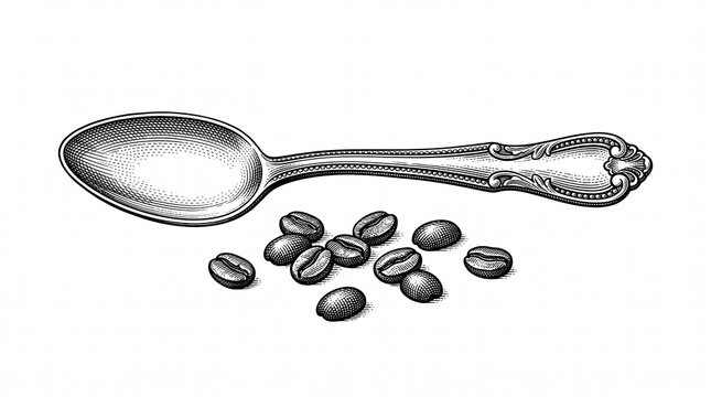 Vintage engraving of an ornate silver teaspoon and scattered roasted coffee beans on a white background