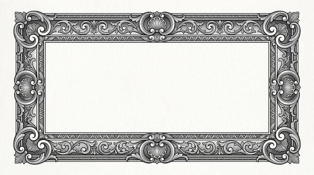 Ornate vintage border frame with classical acanthus leaf and shell motifs in engraving style with blank copy space