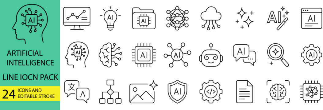 Artificial intelligence icon pack featuring black line style graphic elements for digital technology presentations business reports web development data processing.