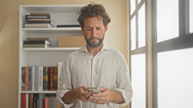 Man holding smartphone, shrugging palm up in a sunlit home office building near bookshelf and window; frustration doubt.
