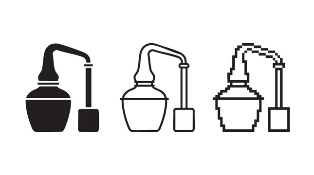 Three distinct variations of a traditional copper alembic still icon set