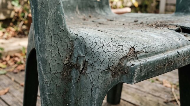 Cracked plastic chair deteriorates in outdoor garden.