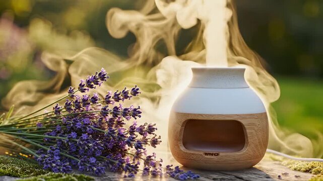 Aroma diffuser releasing fragrant steam next to a bunch of fresh lavender flowers outdoors during golden hour, creating a serene and calming atmosphere for relaxation and aromatherapy