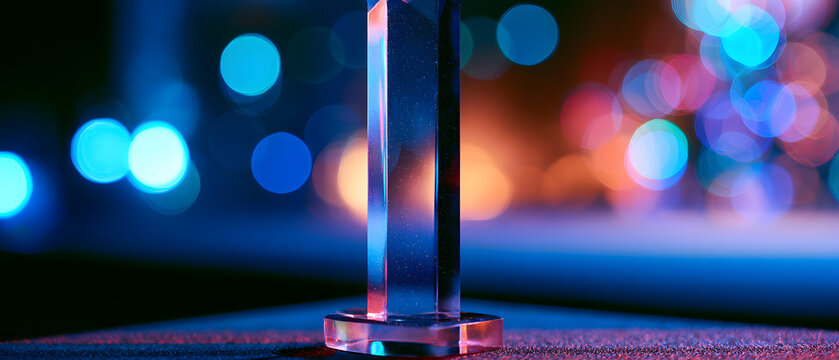 The crystal glass trophy was presented on stage under the effect of colorful bokeh lights at the ceremony