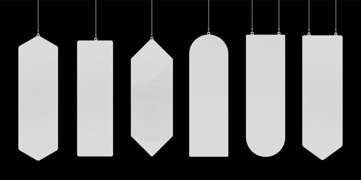 Set of triangle, pentagon, hexagon, rectangular white empty danglers hanging from ceiling realistic mockup isolated on black. Signboards for supermarket interior design. Realistic vector illustration