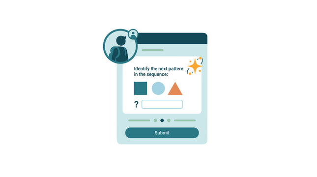 Educational vector illustration of an online assessment interface with geometric patterns and a student profile icon for e-learning