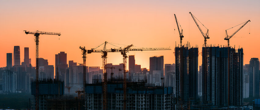 A high-rise building under construction, with a cityscape background that includes architectural development, skyscrapers, and metropolis elements, including evening light and the framework of concret