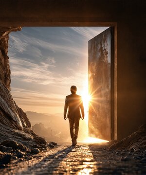 Man walking towards glowing open door, symbolizing new opportunity and a path to the future