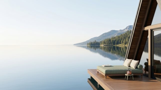 Wooden lake house deck with sage daybed overlooking calm water and mountains - wellness retreat and slow living concept
