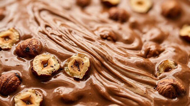 Creamy hazelnut cocoa spread swirl close up with whole and chopped roasted hazelnuts embedded in texture for breakfast food photography and commercial bakery advertising campaigns and concepts