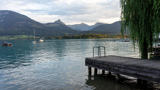 on a Jetty at Lake Wolfgang in St. Wolfgang, Salzkammergut, Austrian Alps