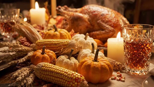 traditional thanksgiving dinner table setting with roasted turkey, pumpkins, corn, candles, and festive autumn decor, cozy atmosphere
