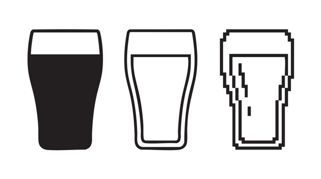 Three stylized pint glass icons in solid, outline, and pixelated designs