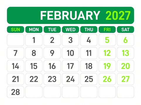 February 2027 calendar page with green header