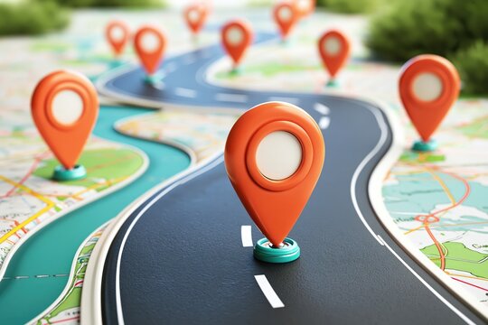 Strategic roadmap showing a winding path with multiple location pins on a detailed map, indicating progress and objectives