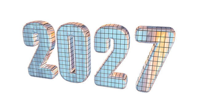 3D 2027 New Year Silver Disco Ball Numbers with Mirror Facets Isolated on Transparent Background