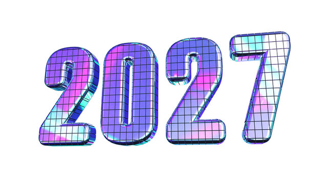 3D 2027 New Year Disco Ball Numbers with Holographic Mirror Facets Isolated on Transparent Background